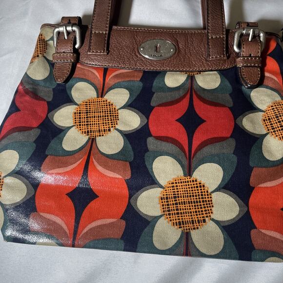 Fossil Key Per Coated Canvas Floral Satchel Hand Shoulder Bag Purse 11" x 13" - Picture 4 of 7